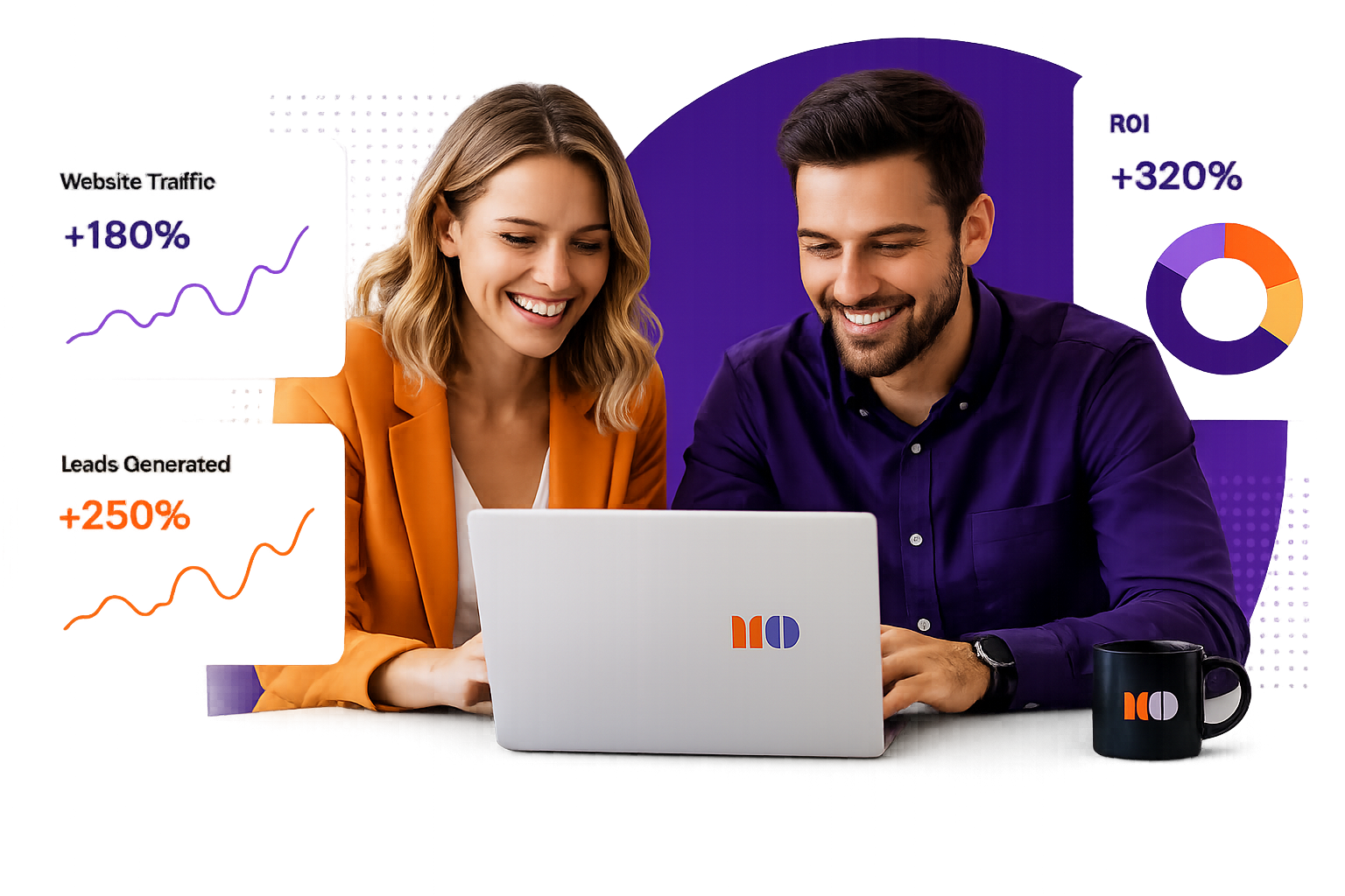 Marketing team reviewing campaign results with growth metrics